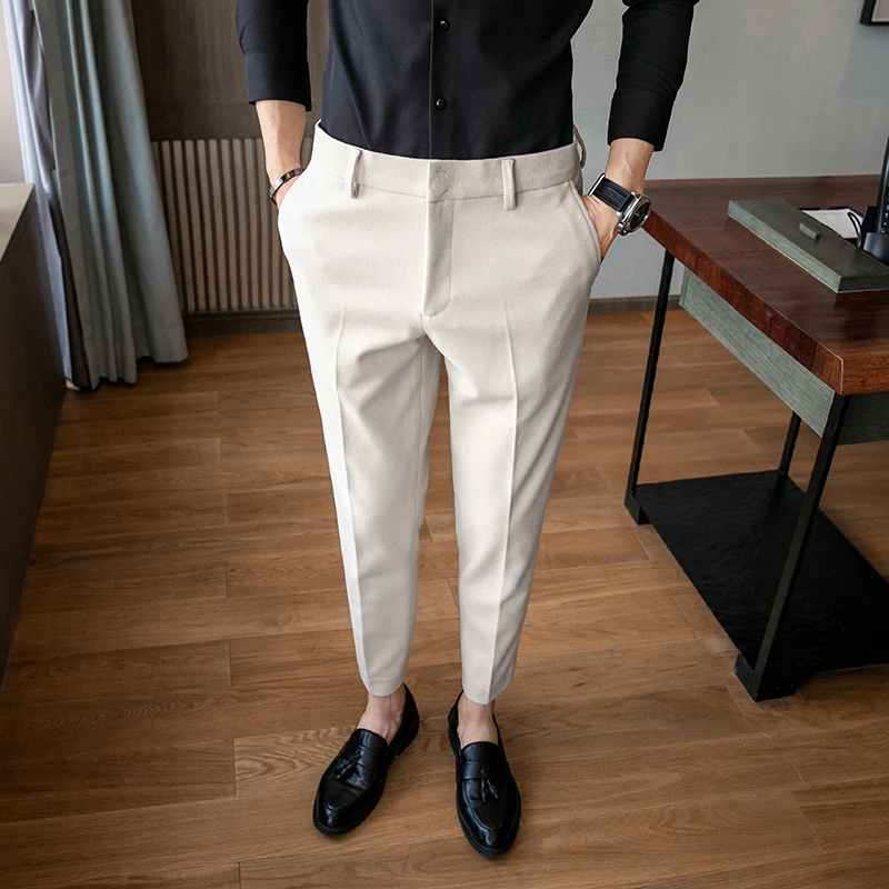 2024 New Solid Color Business Casual Tailored Suit with Thick and Warm Woolen Trousers.High Quality Embroidered Pants.