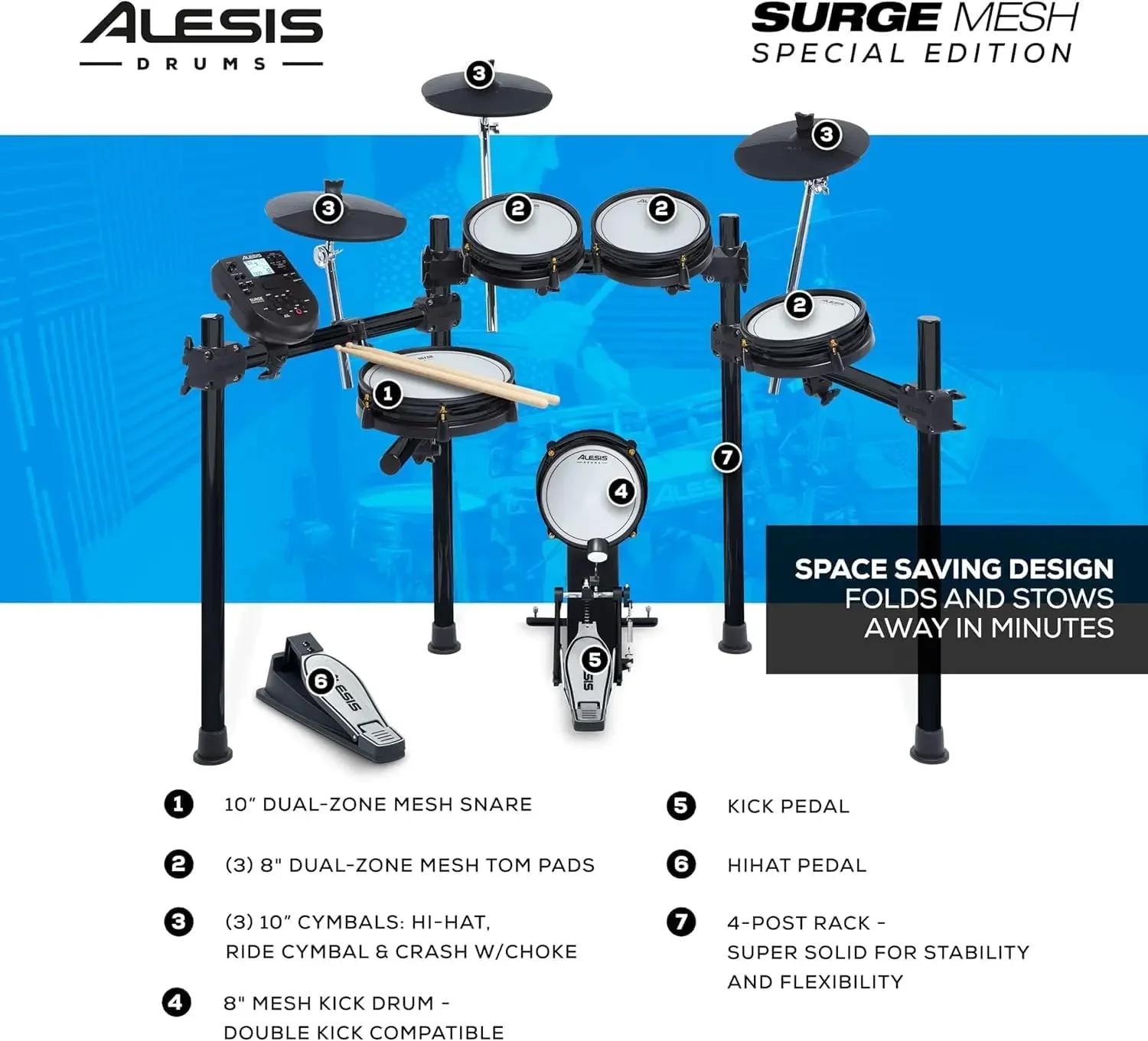 Electric Drum Set with USB MIDI Connectivity, Quiet Mesh Heads, Drum Module, Solid Rack