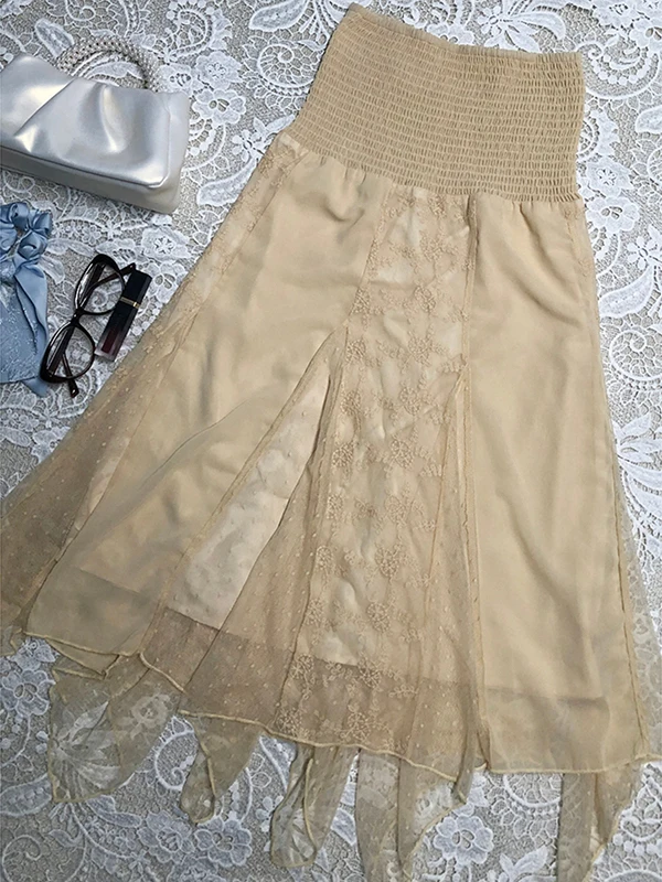 

Original Yellow Irregular Lace Splicing Skirt Fairy Vintage Summer Commute Korean Sle Polyester Cotton Blend A-Line Skirt