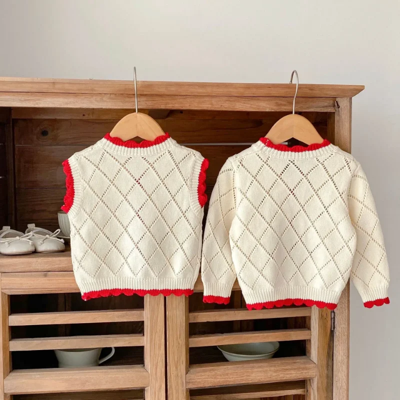 2024 Autumn Spring Long Sleeve Cardigan Knit Coat Cute Cherry Embroidery Infant Baby Girls Sweater Vest Children Clothing 0-3Y