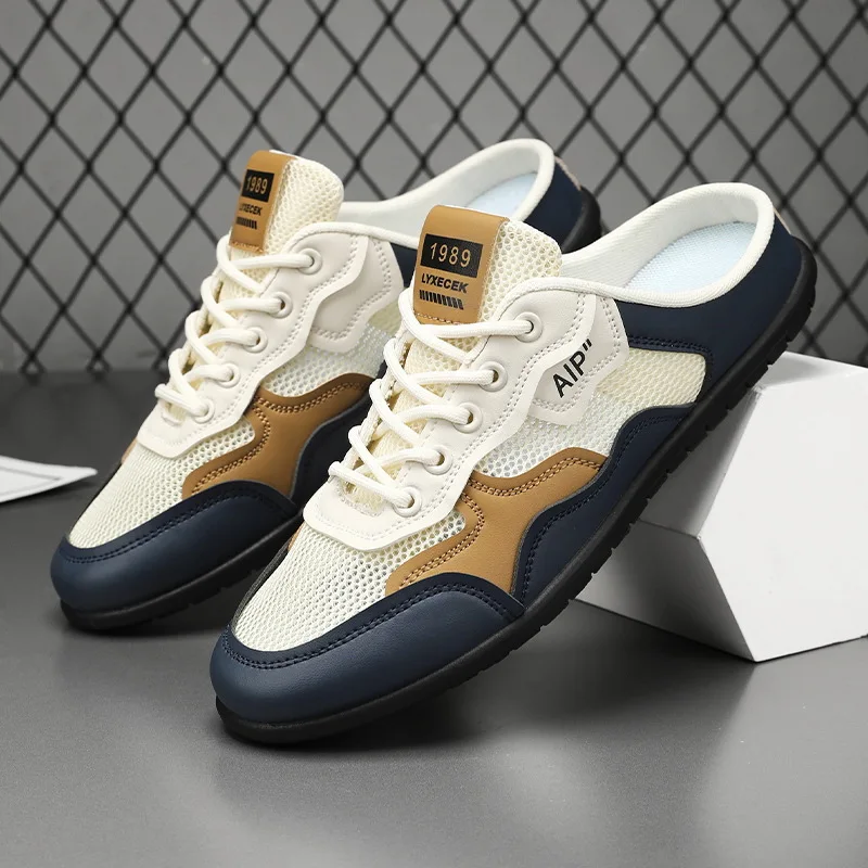 Sandalias transpirables de verano para hombre, zapatillas informales sin cordones con punta cerrada, zapatos de playa cómodos de malla para exteriores, zapatillas de deporte de suela blanda