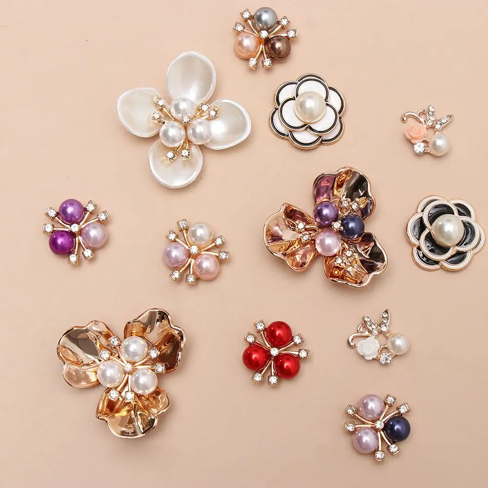 10PCS Handmade Bow Accessories Pearl Flower Rhinestone Buttons Sparkling Crystal Hairpins Decoration Clothes Sewing Pearl Tool