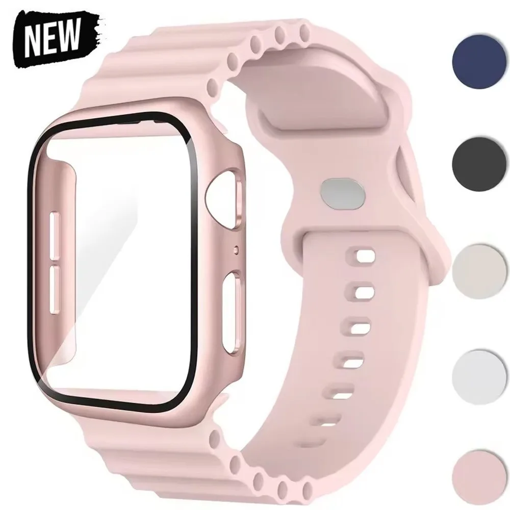 Glass Case+Silicone Band For Apple Watch 38mm 42mm 40mm 44mm 41mm 45mm 46mm Strap For iwatch 11 10 9 8 7 6 5 4 3 2 1 SE Bracelet