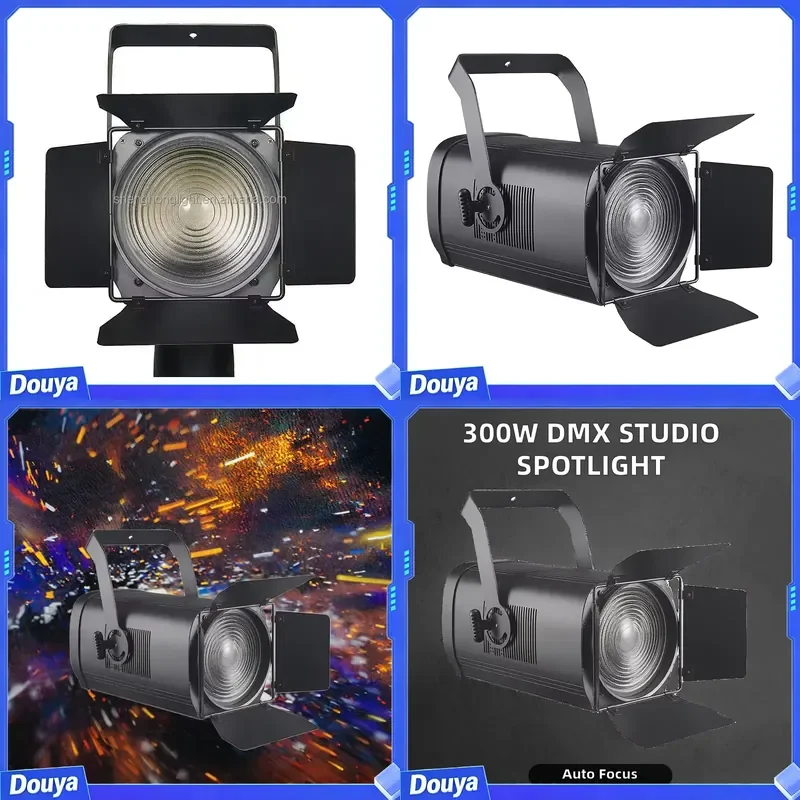 Professional 300W Auto-Focus Zoom Fresnel RGBW LED Moving Studio Light 200W DMX Spotlight for TV Shows Stages Theaters DJ