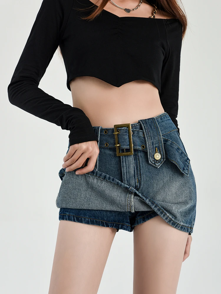 Denim Mini Skirts for Women Anti-exposure Belt Summer New High Waist Slim Hot Girls A-line Wrap Hip Temperament Streetwear Chic