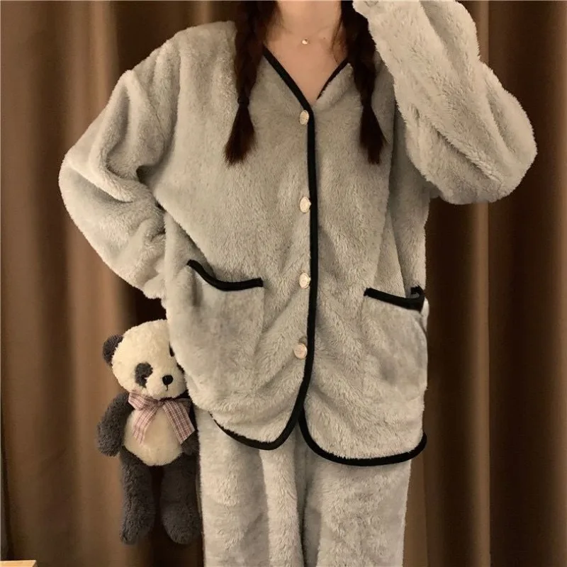 Urso dos desenhos animados feminino pijama espesso de pelúcia coral, pijama solto, cardigã manga longa, conjunto de roupa caseira, outono, inverno, novo, 2022