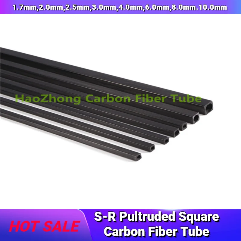 SR OD 1.7mm,2.0mm,2.5mm,3.0mm,4.0mm,6.0mm,8.0mm.10.0mm 500mm length S-R Pultruded Square Carbon Fiber Tube