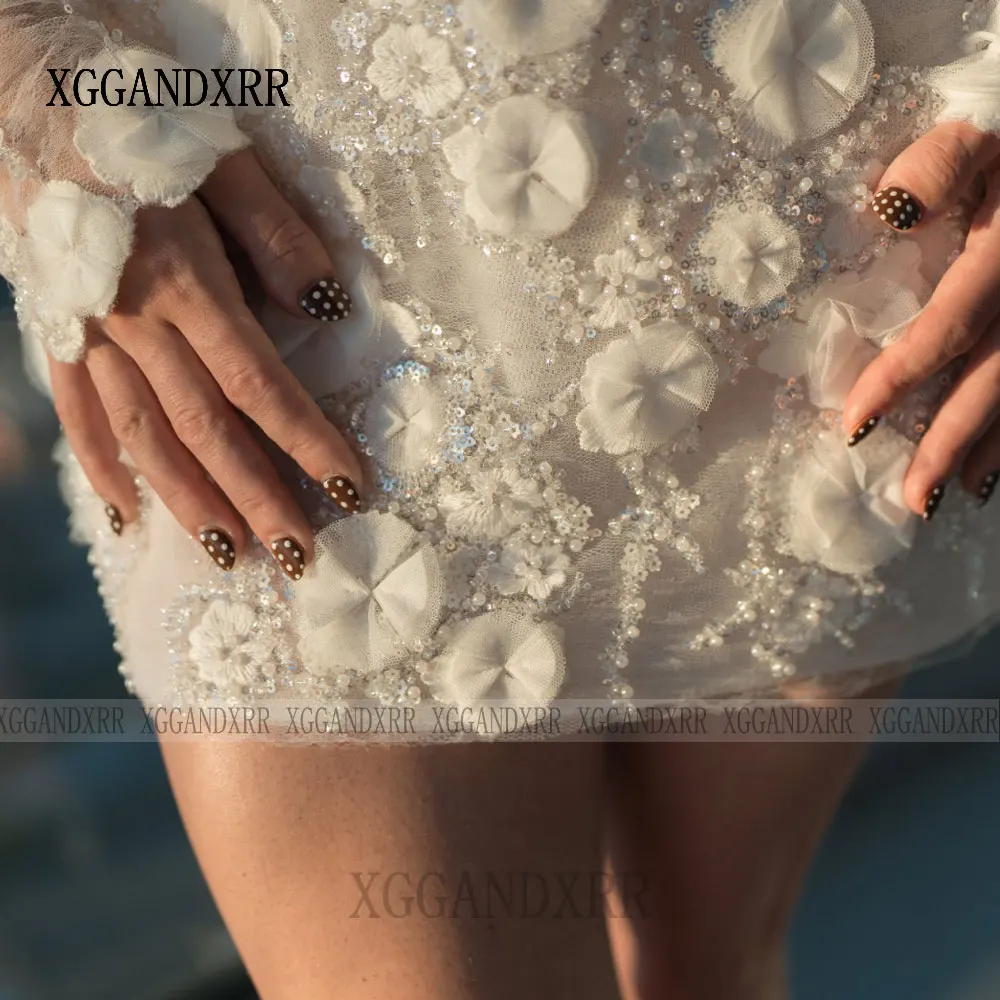 ชุดแต่งงานสั้นหรูหรา ปี 2026 ผ้าลูกไม้ ประดับดอกไม้ 3 มิติ ปักเลื่อม แขนยาวถอดได้ ชุดเจ้าสาวแบบมินิ  สามารถสั่งตัดได้