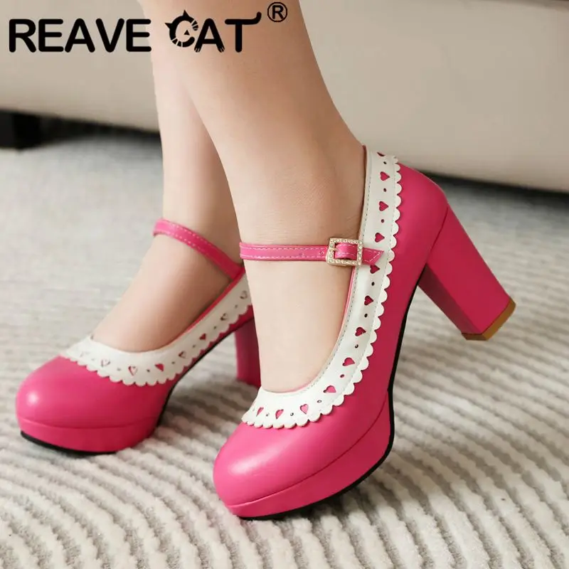 REAVE CAT Sweet Girls Pumps Round Toe Block Heels 7.5cm Platform Buckle Strap Mixed Color Big Size 44 45 Janes Dating Shoes