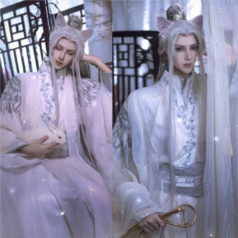 

Silver-white mechanism male wig set Hanfu antique fake hair