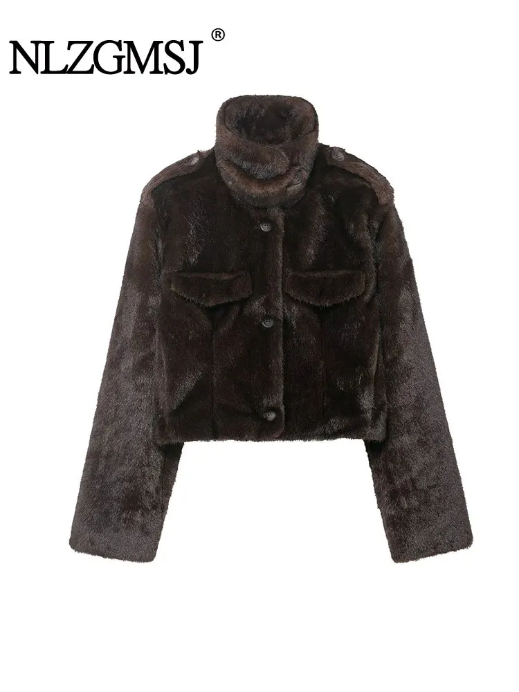 

NLZGMSJ 2026 Winter Women's Fur Jacket Fashion Long Sleeve Button Short Jackets Women High Street Leisure Outerwears