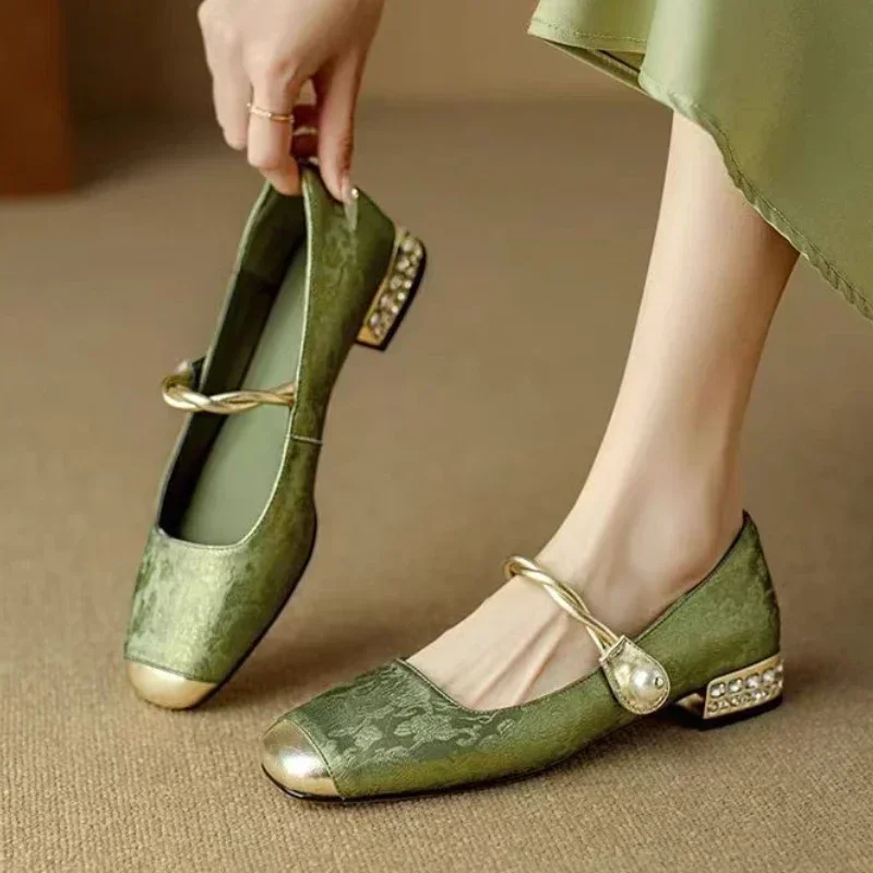 Female 2025 Fashion Square Toe Women's Pumps Spring Shallow Elegant Rhinestone Outdoor Casual Chunky Heeled Office Ladies Shoes
