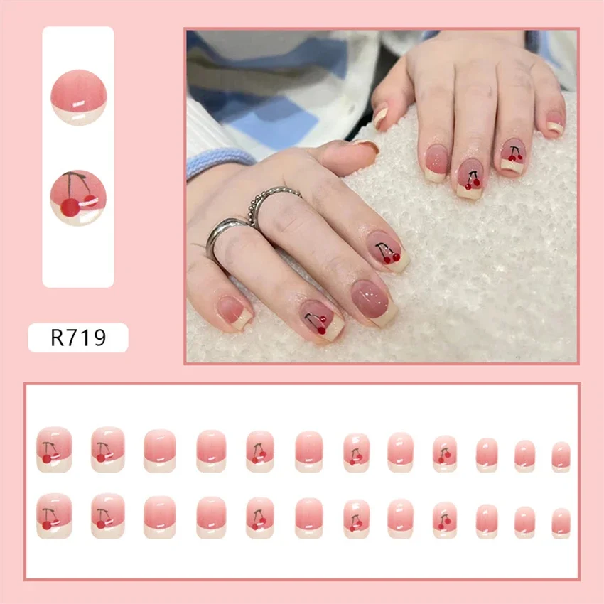 24Pcs/Set Sweet Girls Temperament Fake Nails French Adhesive Acrylic Press on Nails Removable Hand Wearing False Nails Tips