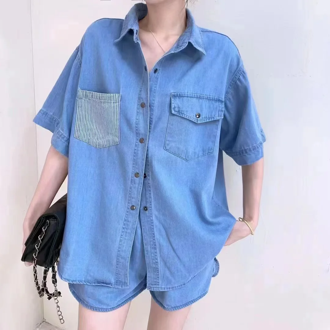 

2023 summer 2 Piece Sets Womens Outfits Fashion Solid Color Turn Down Collar Short Sleeve Shirt Drawstring High Waist Shorts Set