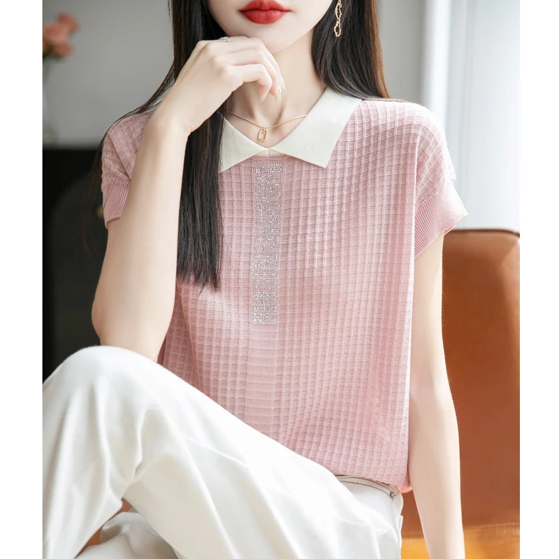 

Summer New 100% Lyocell Knitted Short Sleeve Casual Women's T-shirt Doll Neck Loose Tees Splicing Head Tops Cool