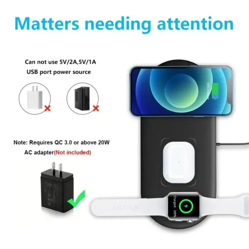 Universal 3-in-1 Wireless Charging Pad Fast Charge Mat For iPhone iWatch AirPods For Samsung Android Phone Home Office Daily Use