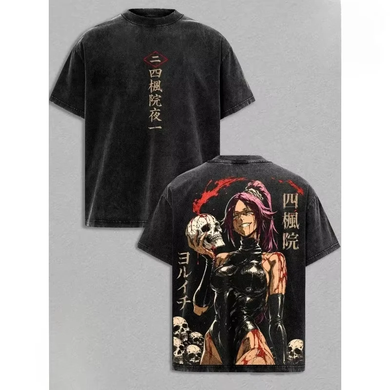 Anime BLEACH Shihouin Yoruichi Graphic Print T-shirt Men Women O-neck Cotton Retro Washed Loose Casual Oversized Summer New Tee