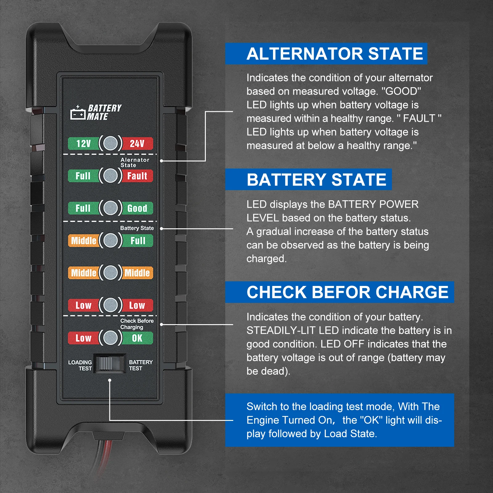 جهاز اختبار بطارية السيارة 12 فولت 24 فولت مع 7 أضواء LED عرض BM410 حماية المولد تحقق كاشف جهد لسيارة شاحنة دراجة نارية #2