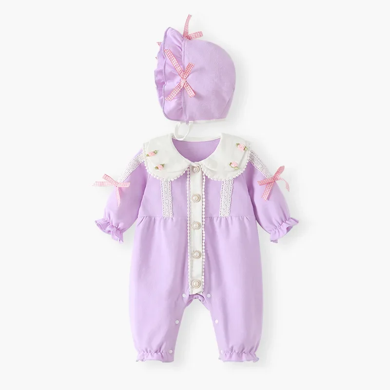 2024 Korean Baby Kids Autumn Climbing Newborn Wear New Lilac Jumpsuit European American Children Light Luxury Bow Belt Clothes