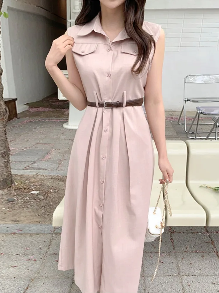 Sommer ärmellose Westen Kleid Frauen Ruf plissiert koreanischen Stil lose Damen kleider Mode elegante Frau langes Hemd Kleid