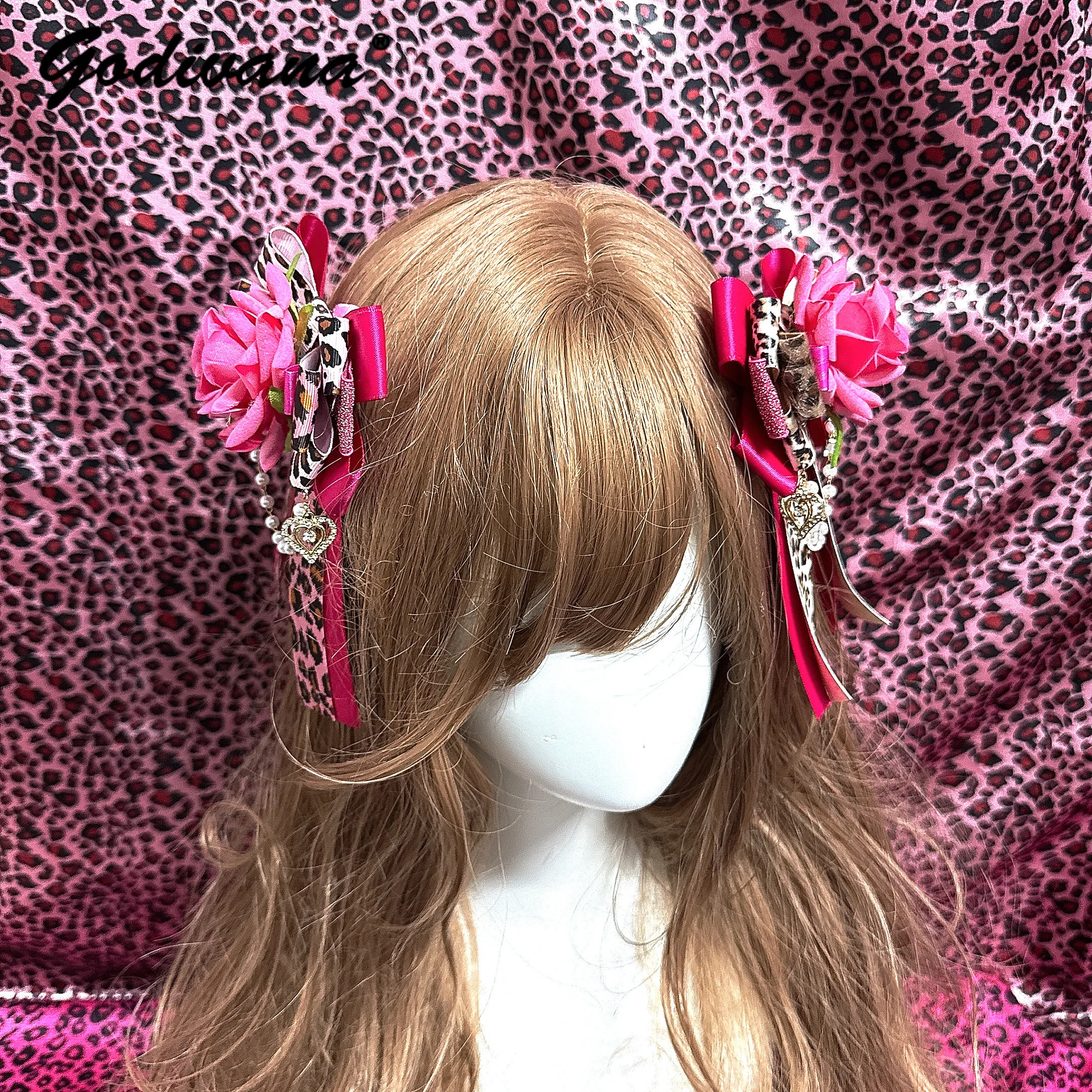 

Gal Style Hot Girl Leopard Print Lace Bow Hair Clip Lolita Hairpin Girl Women's Princess Pink Rose Flower Hair Clips Side Clips