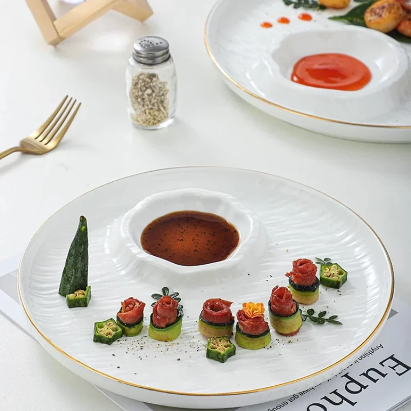 Sushi Plate Dumpling Plate with Dipping Saucer,Snack ChipDip Serving Tray,Multi-purpose Split Ceramic Plate for Home&Restaurant