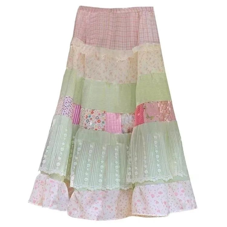 

Elegant Sweet Floral A-line Skirt For Women Y2k E-girl Slim Waist Mid-length Skirts Spring New Patchwork Faldas De Mujer