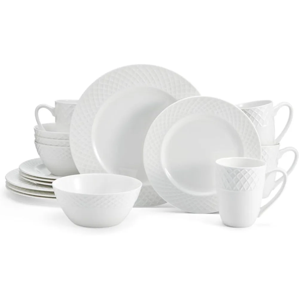 Trellis Bone China 16 Piece Dinnerware Set, Service for 4, White