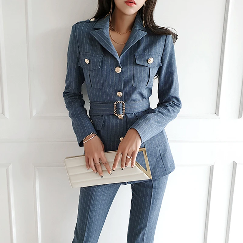 

Elegant Ladylike Workwear Two-Piece Set Striped High-End Business Women's Suit Autumn Fashion Ensemble Professional Attire