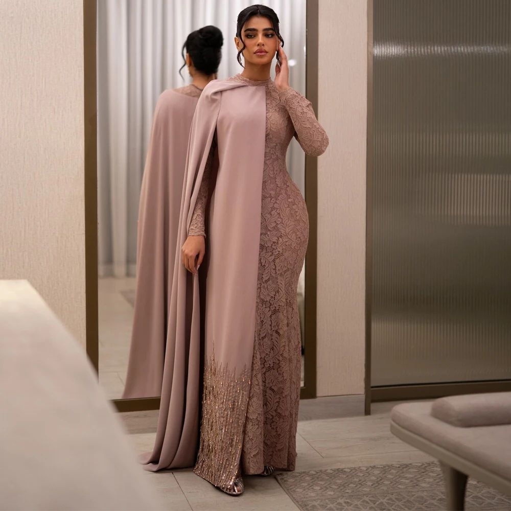 맞춤형 레이스 이브닝 드레스, 사이드 케이프, O넥, 긴팔, 머메이드 스타일, 비즈 장식, 아랍 두바이 스타일 이브닝 가운