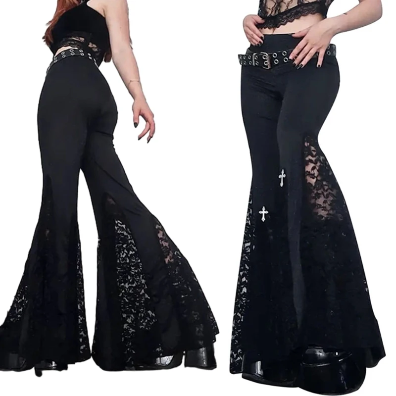 

Fashion Gothic Style Flared Pants Sexy Black Lace Patchwork High Waist Trousers Vintage Harajuku Punk Style Streetwear Y2K Pants