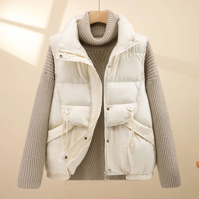 Chaleco holgado de algodón para mujer, chaqueta cálida sin mangas con bolsillos, cuello vuelto, moda coreana, otoño e invierno, 2024