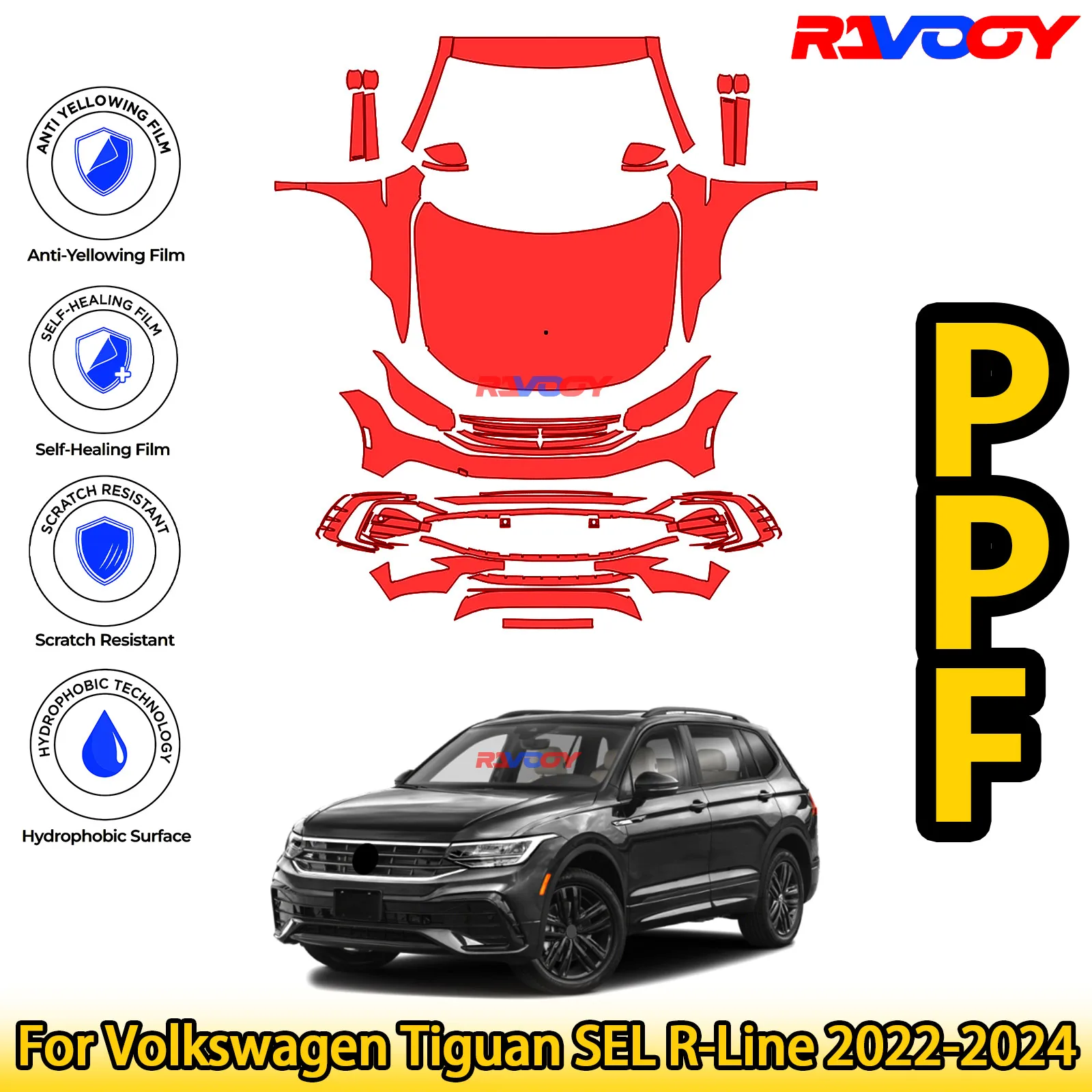

Для Volkswagen Tiguan SEL R-Line 2022-2024 глянцевый матовый черный предварительно вырезанный передний комплект PPF, защитная пленка для краски