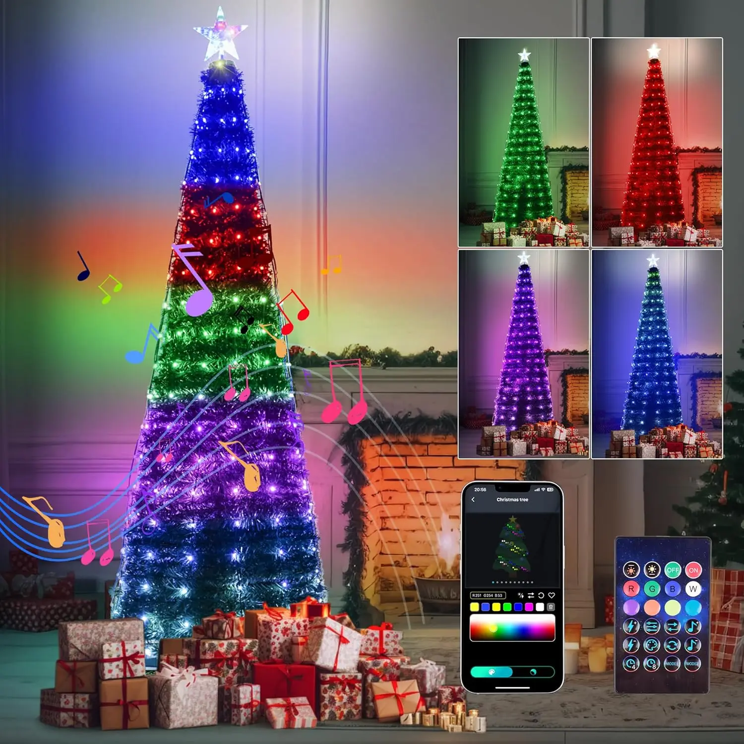 6.9FT 400LEDs Smart Christmas Tree Lights with Star Topper LED String Lights Music Sync Plug in for Christmas Party Decoration