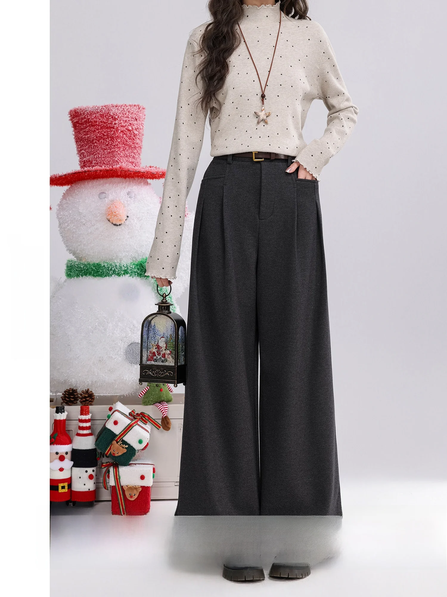 

High Waist Fleece Lined Casual Pants Women's Loose Straight Leg Trousers All Match Winter New Style Comfortable Polyester Fiber