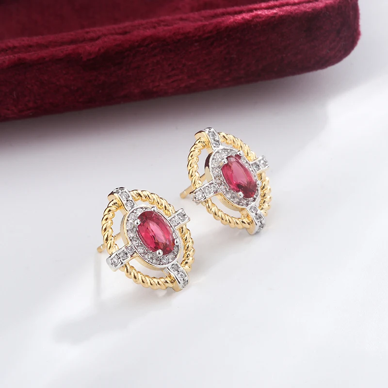 أقراط زيركون ذهبية بيضاوية للنساء ، فضي ، أحمر طبيعي ، مجوهرات حفلات الخطوبة ، جديد ،