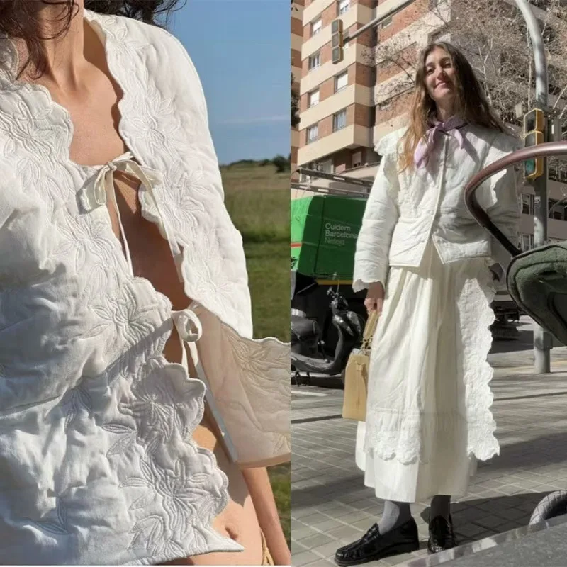 

Nordic Sle Long Sve Cotton Vest with Elastic Hem And Fly Sve Embroidery White Moonlight Autumn Winter Faion Set