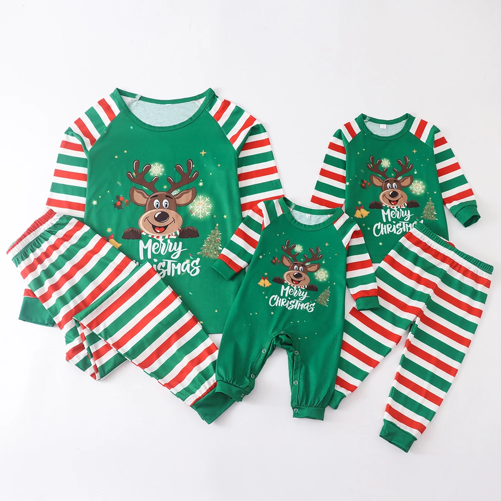 2024 Christmas Matching Family Pajamas Set Letter Print Xmas Outfit Father Mother Kid Deer Top+Stripe Pants Jammies Baby Romper