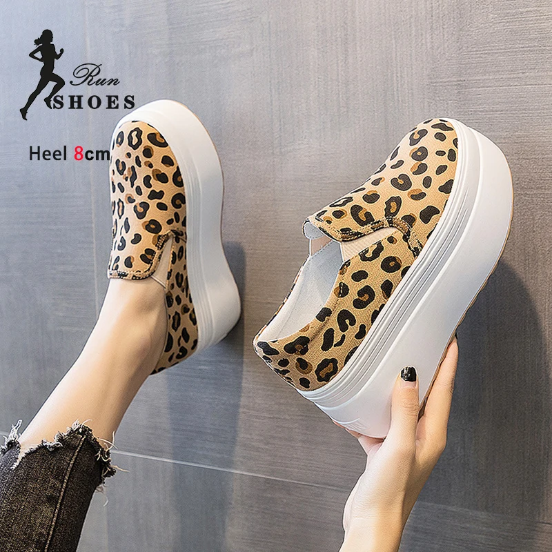 Damskie buty płócienne o niskim kroju Moda Leopard Print Gruba podeszwa Kobiece buty codzienne 8CM Komfortowa platforma Trampki na zewnątrz