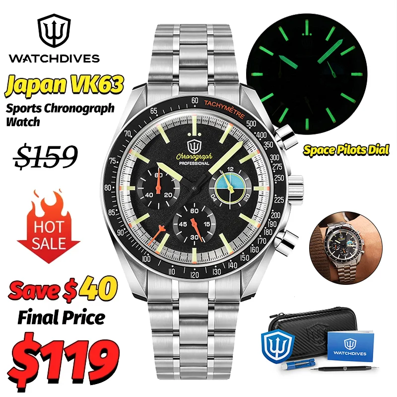 Watchdives WD1863 New Multifunctional Quartz Watch Black VK63 Sports Chronograph Watch Bubble Sapphire Waterproof 100 Wristwatch