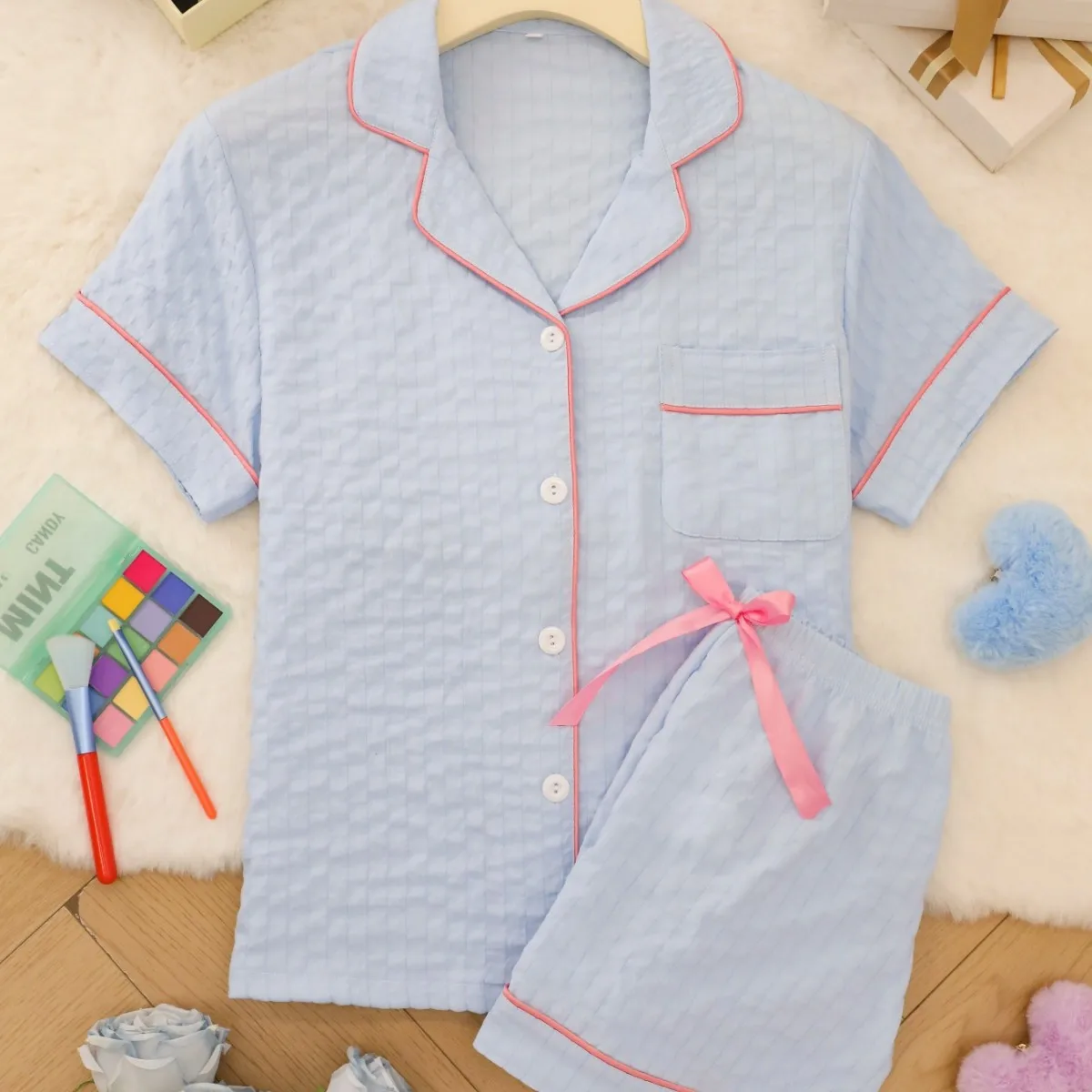 2026 New Fashion Teen Girls Solid Color Casual Comfortable Short Sleeve & Shorts Loungewear Set