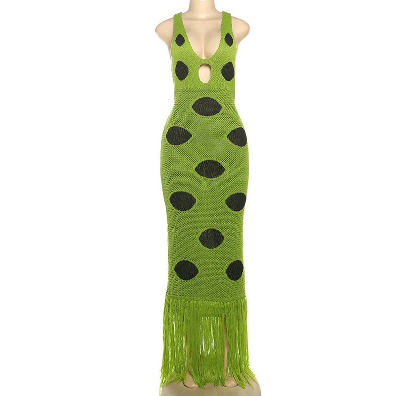 Sukienka maxi z dzianiny żakardowej w kropki, z frędzlami na dole, patchworkiem, dopasowana, seksowna, z wycięciami, dekoltem w serek, bez rękawów, z odkrytymi plecami, idealna na imprezę.