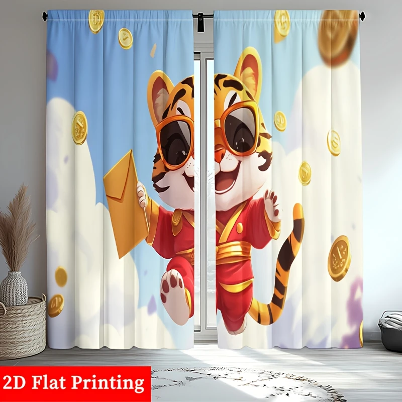 Cute Cartoon Tiger Window Curtains Gold Coin Theme Kids Room Nursery Decor Drapes Mascot Curtain Panel Funny Animal Print Home