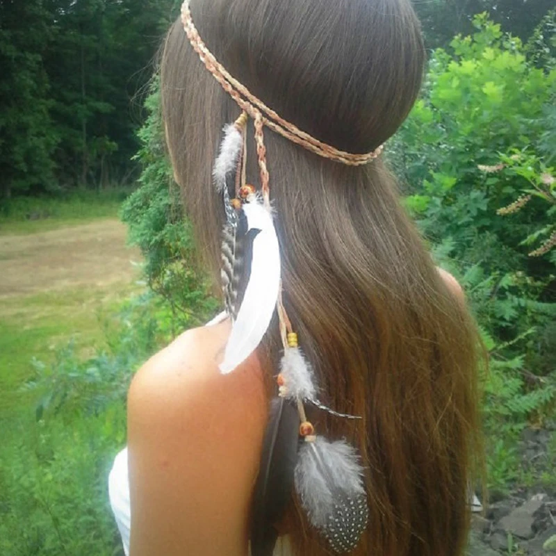 New Boho Indian Feathers Headband Hair Rope Headdress Tribal Hippie Party High Quality skin-friendly Headwear