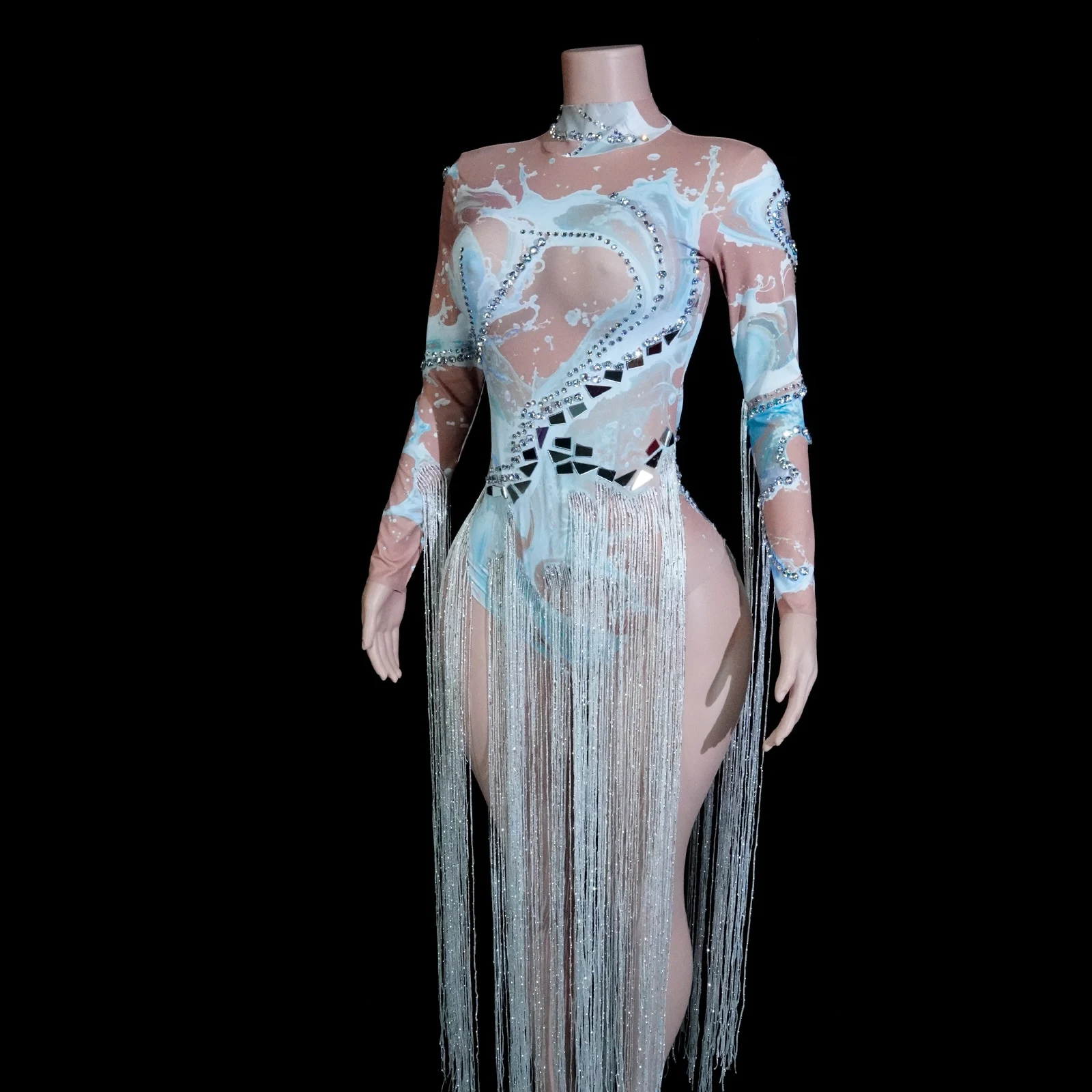 GOGO-Body blanco con borlas y diamantes de imitación elásticos para mujer, traje de cantante, Bar, club nocturno, Showgirl, disfraz de Drag Queen