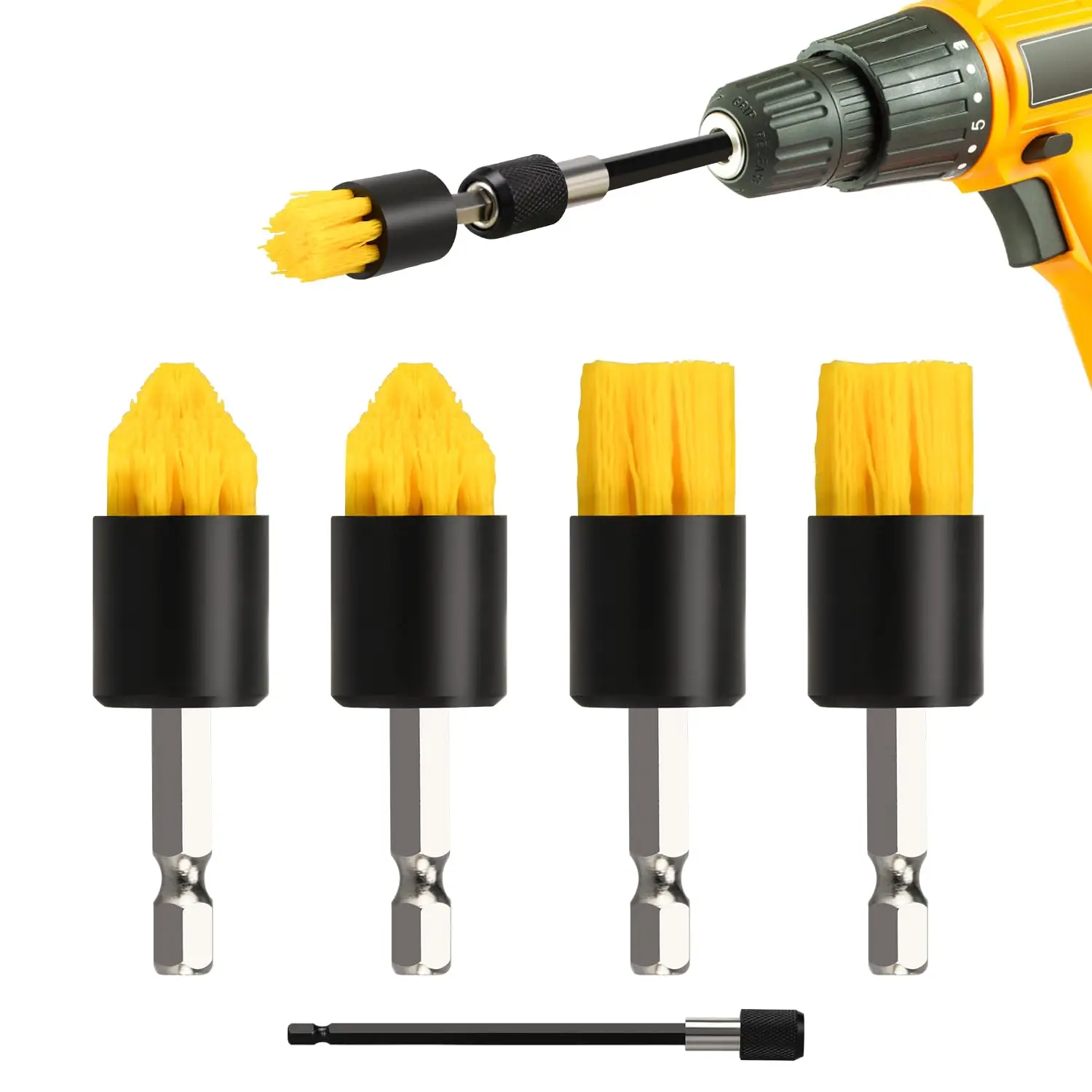 Mini Drill Brush Attachment Set,2 Tapered Brushes& 2 Flat Brushes,1 Extension Rod,Small Corner Brush for Detailing Deep Cleaning