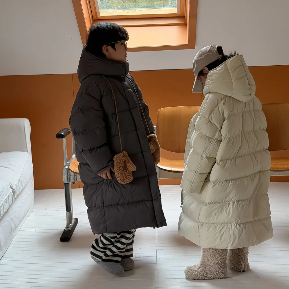 Down Jacket 2025 Winter Korean Style Medium Long Down Jacket for Boys and Girls Children's Warm Hooded Detachable Jacket