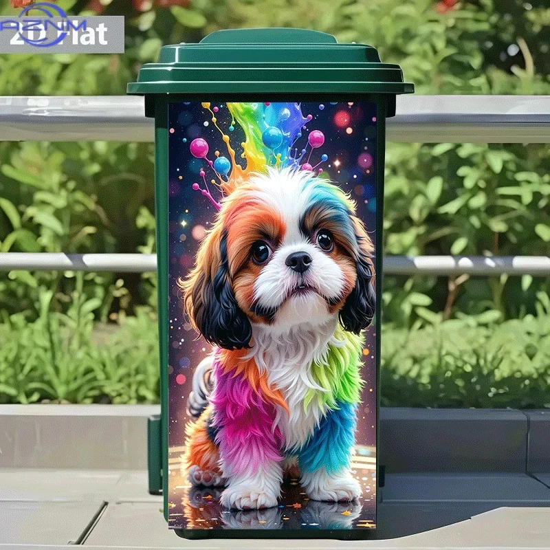 [2D Flat Printing]1pc Trash Can Sticker[Title Translated, Do Not Change] Rainbow Pom-Pom Dog Theme Design Wall Sticker Self-Ad