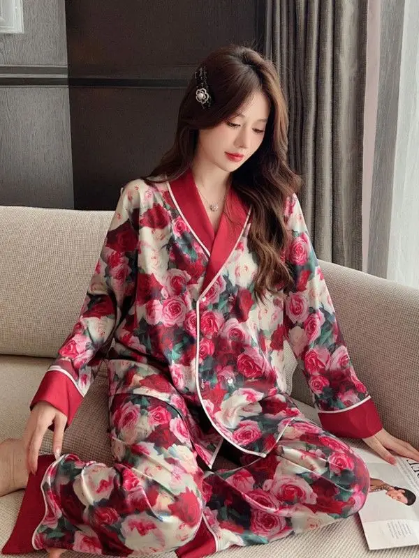 Womens Red Rose Imitation Silk Long Sleeved  Pajama Sets Home Sleepwear