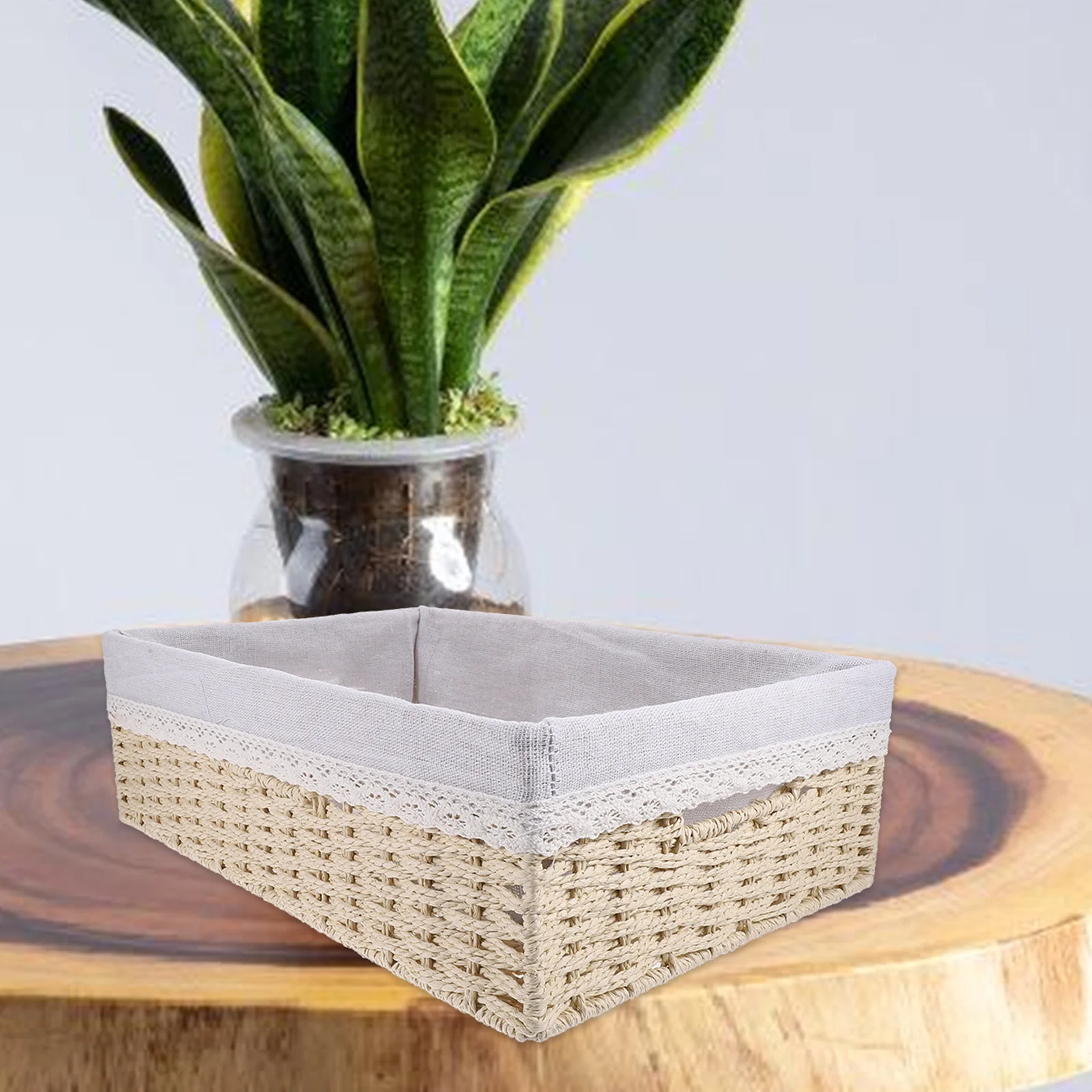 

Woven Storage Basket Small Beige 3 Hooks Lined Desk ganizer for Books Snacks Cosmetics H woven Fiber Container Holder